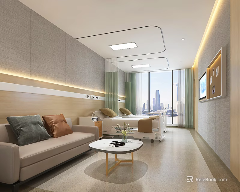 Modern Hospital Room Interior With Sofa Pillows Coffee Table Bed And City View Window TV 3d model 