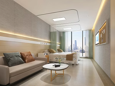 Modern Hospital Room Interior With Sofa Pillows Coffee Table Bed And City View Window TV 3d model