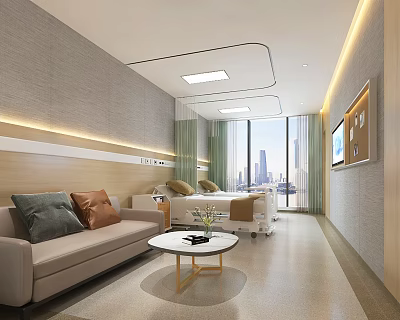 Modern Hospital Room Interior With Sofa Pillows Coffee Table Bed And City View Window TV 3d model