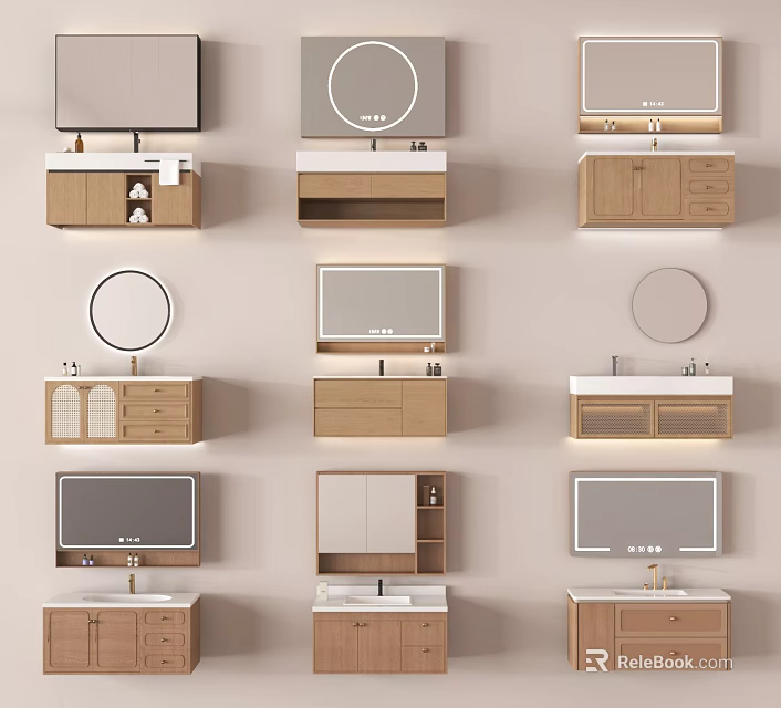 Modern Wall Mounted Bathroom Vanity Cabinets With Mirrors Drawers And Sinks 3d model