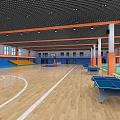 Spacious Basketball Gymnasium With Wooden Floor Blue Yellow Bleachers And Ping Pong Tables