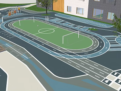 Children's Playground Design With Running Track Football Field Goalposts Surrounding Trees And Buildings 3d model