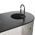Contemporary Bar Counter With Black Top Wood Grain Panel Faucet And White Stools