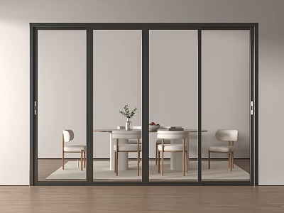 Modern Sliding Glass Doors For Bright Interior Dining Space With Wooden Table Chairs And Plant 3d model