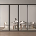 Modern Sliding Glass Doors For Bright Interior Dining Space With Wooden Table Chairs And Plant
