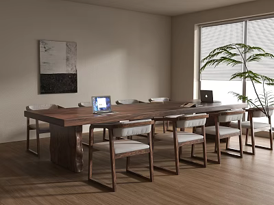 Solid Wood Conference Table with Chairs Laptop and Plant in Modern Room with Wall Art 3d model