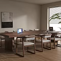 Solid Wood Conference Table with Chairs Laptop and Plant in Modern Room with Wall Art