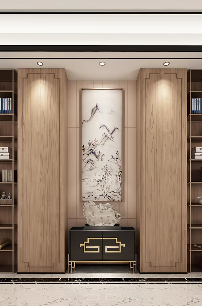 Traditional Wooden Shelving Unit with Books Decorative Items and Central Artwork for Living Room Storage 3d model