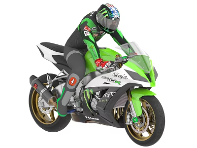 Green White Motorcycle Rider in Black Green Racing Suit Helmet Monster KRT Logos Gold Wheels 3d model