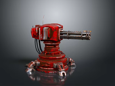 Red Multi Barrel Cannon Mechanical Device With Rusty Metal Base And Reflective Surface 3d model