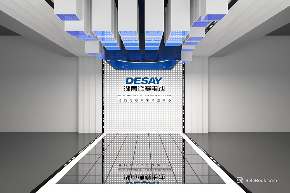 DESAY Battery Exhibition Hall With Checkerboard Floor And Blue White Ceiling Structures 3d model