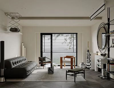 Modern Living Room Interior Design With Black Leather Sofa And Floor To Ceiling Windows 3d model