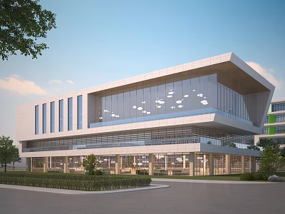 Modern School Building With Glass Curtain Walls And Landscaped Front Area 3d model