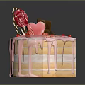Pink Layered Cake with Strawberries Heart Candy Lollipop Chocolate Dripping Frosting and Red Sprinkles