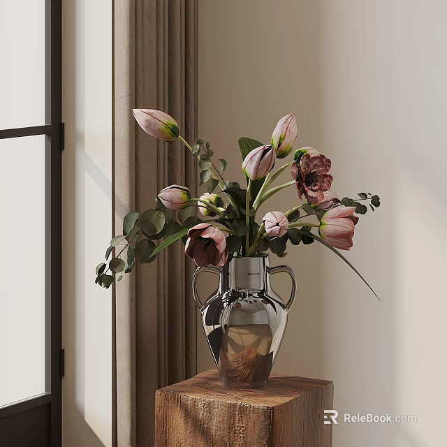 Decorative Bonsai Plant with Pink Tulips in Silver Vase on Wooden Table by Window Curtain 3d model 