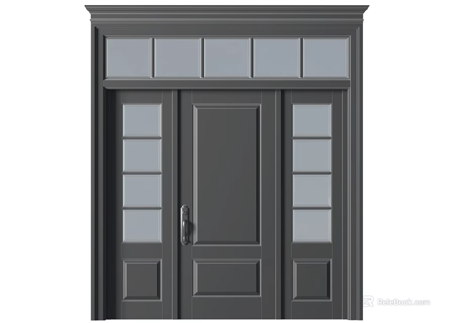 Stylish Dark Gray Hinged Door With Glass Panels And Sleek Frame Design 3d model 