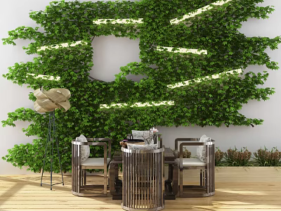 Outdoor Table With Surrounding Chairs Green Vine Wall White Flowers Tabletop Decorations And Wooden Floor 3d model