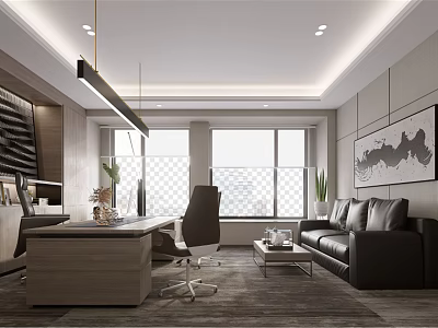 Modern Office Interior Design With Wooden Desk Leather Sofa Artwork And Large Windows 3d model