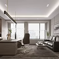 Modern Office Interior Design With Wooden Desk Leather Sofa Artwork And Large Windows