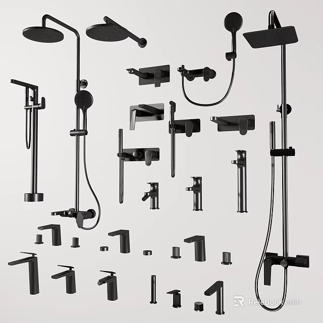 Various Shower Fixtures With Handheld Heads Fixed Mounts Taps And Hoses 3d model 