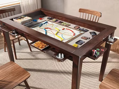 Wooden Entertainment Table With Board Game Surface And Storage Compartments Surrounded By Wooden Chairs 3d model