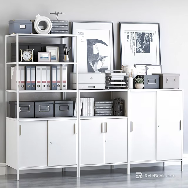 White Storage Shelving Unit With Folders Boxes Books Clock And Photo Frames 3d model 