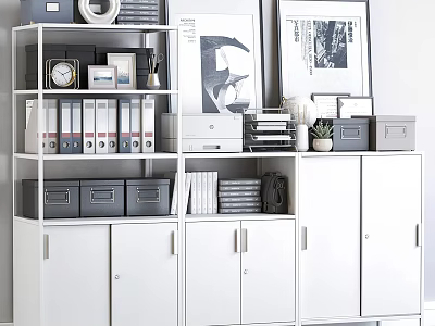 White Storage Shelving Unit With Folders Boxes Books Clock And Photo Frames 3d model