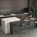 Modern Kitchen Bar Area Interior Design With Marble Countertop And Black Wooden Cabinets