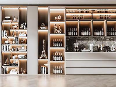 Modern Wine Cabinet With Built In Lighting Glass Shelves And Wine Bottles 3d model