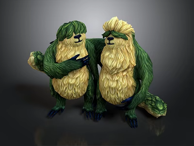 Two Fluffy Sloth Characters With Green And Yellow Fur Standing Together 3d model