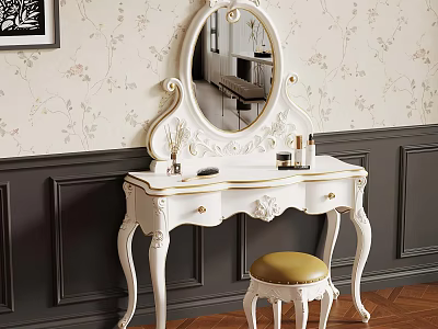 Elegant White Carved Dressing Table With Mirror And Yellow Cushioned Stool 3d model