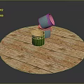 Colorful Buckets Stacked As Daily Living Supplies On Wooden Round Platform