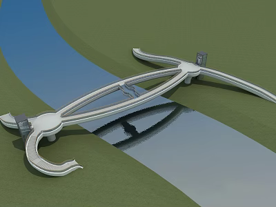 Modern Curved Bridge Over Blue Water With Reflection And Green Grass 3d model
