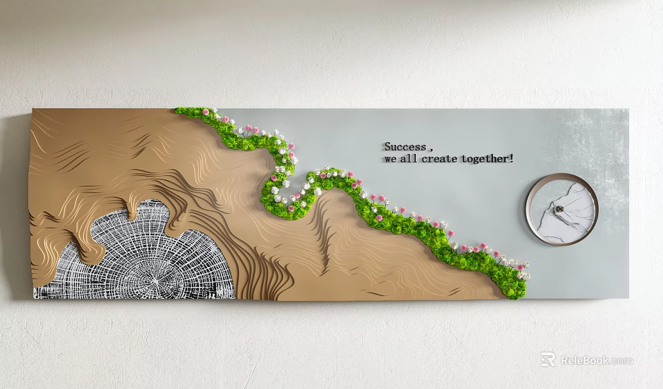 Wall Decor With Topographic Pattern Green Vines Inspirational Quote And Clock 3d model 