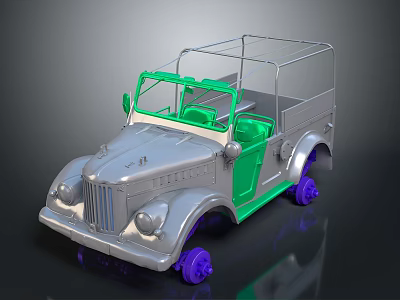 Vintage Silver Car With Green Doors Seats Open Top And Purple Wheels 3d model