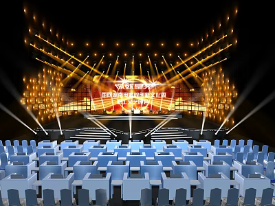 Modern Stage Design Featuring Golden Lighting Steps Blue Seats And Background Screen 3d model