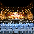 Modern Stage Design Featuring Golden Lighting Steps Blue Seats And Background Screen