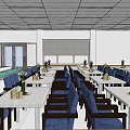 Dining Hall Interior Design With Blue Chairs White Tables And Digital 3d model
