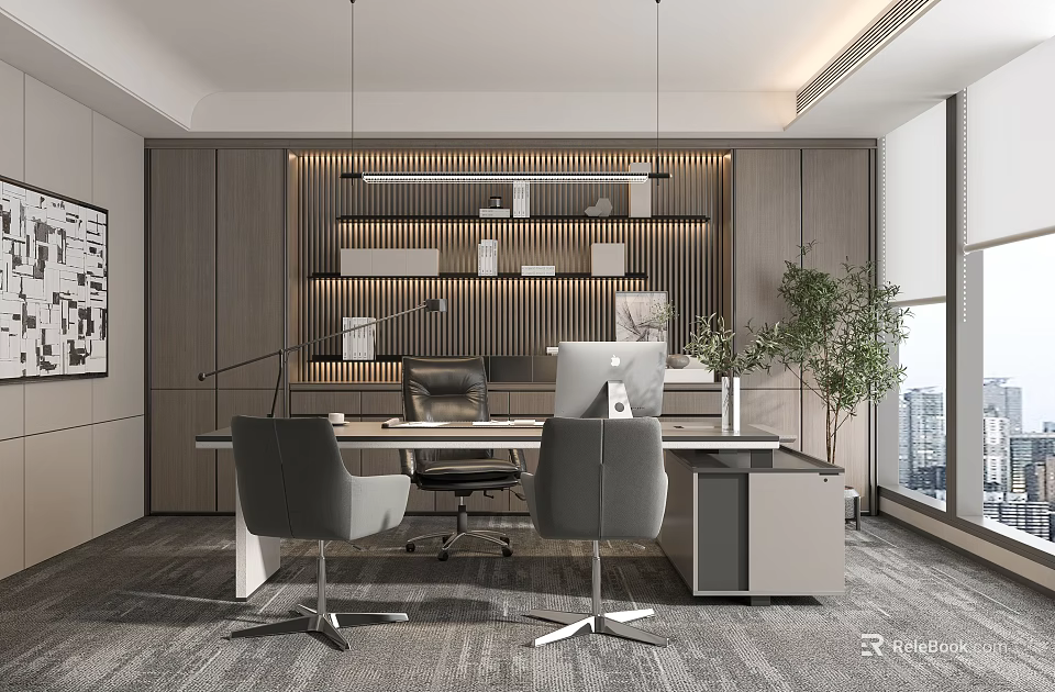 Modern Minimalist Office Interior Design With Desk Computer Chairs Shelves And Plant 3d model 