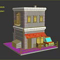 Two Story Detached Villa Exterior Featuring Red Awning Yellow Windows And Red Car