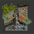 Waterfront Houses With Orange Roofs Palm Trees Wooden Bridge Dock Small Boat And Waves