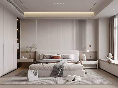 Modern Minimalist Bedroom Interior With Large Bed Wardrobe Nightstands Pendant Lights And Rug 3d model