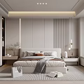 Modern Minimalist Bedroom Interior With Large Bed Wardrobe Nightstands Pendant Lights And Rug