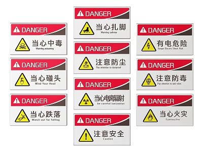Danger Warning Signs With Multiple Chinese Safety Messages And Red Yellow Design 3d model