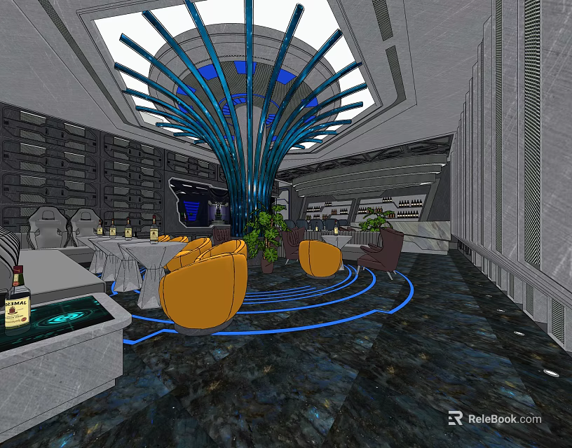 Modern Bar Interior With Unique Ceiling Design Yellow Seats And Green Plants 3d model 
