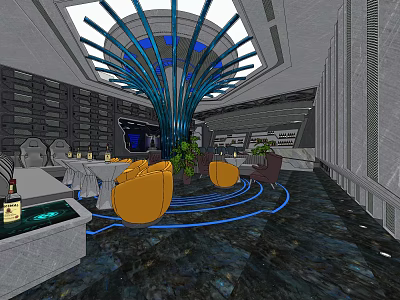 Modern Bar Interior With Unique Ceiling Design Yellow Seats And Green Plants 3d model