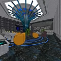 Modern Bar Interior With Unique Ceiling Design Yellow Seats And Green Plants