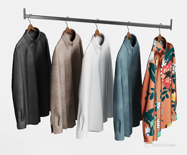 Fashionable Shirts In Multiple Colors With Floral Print Hanging On Metal Rack 3d model 