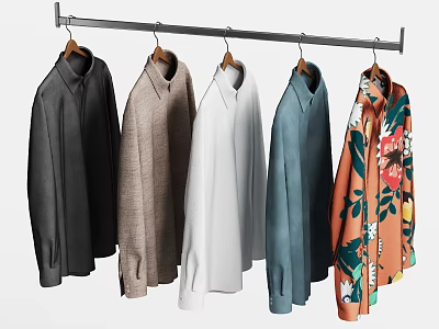 Fashionable Shirts In Multiple Colors With Floral Print Hanging On Metal Rack 3d model