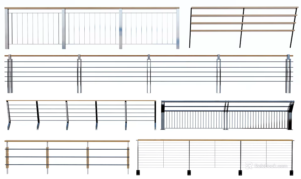 Modern Fence Railing Design Options Featuring Different Styles and Materials 3d model